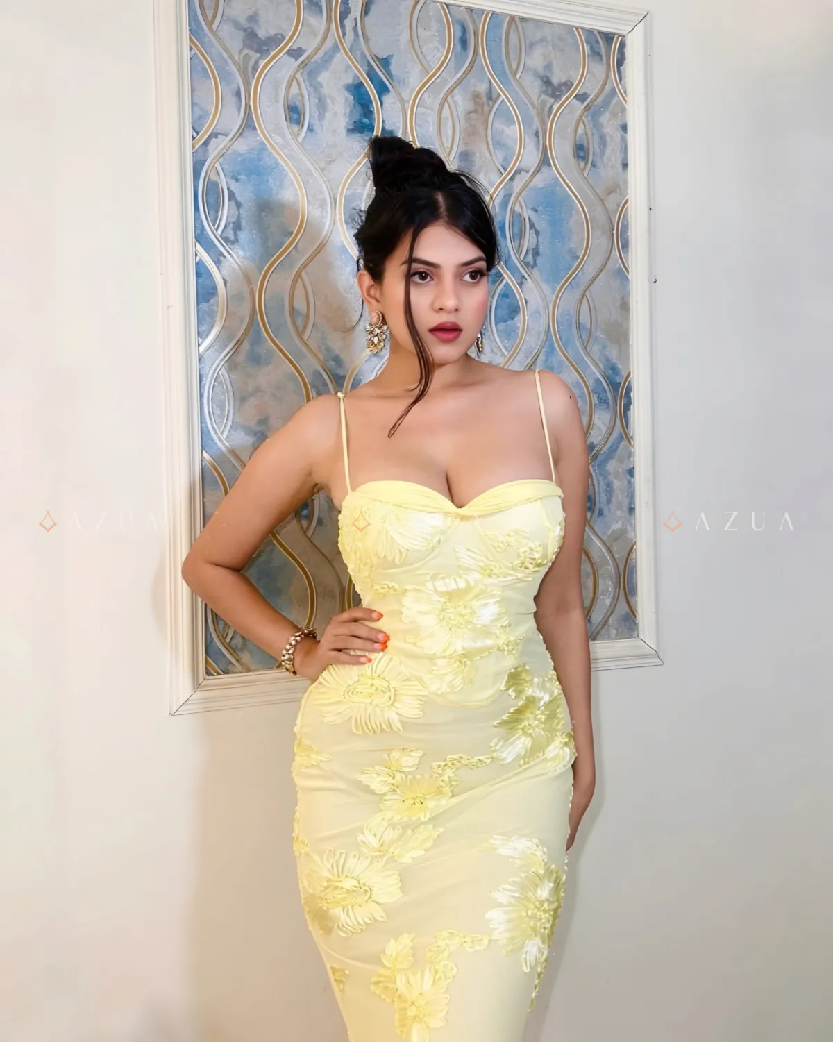 Floral Embroidered Party Gown- Yellow