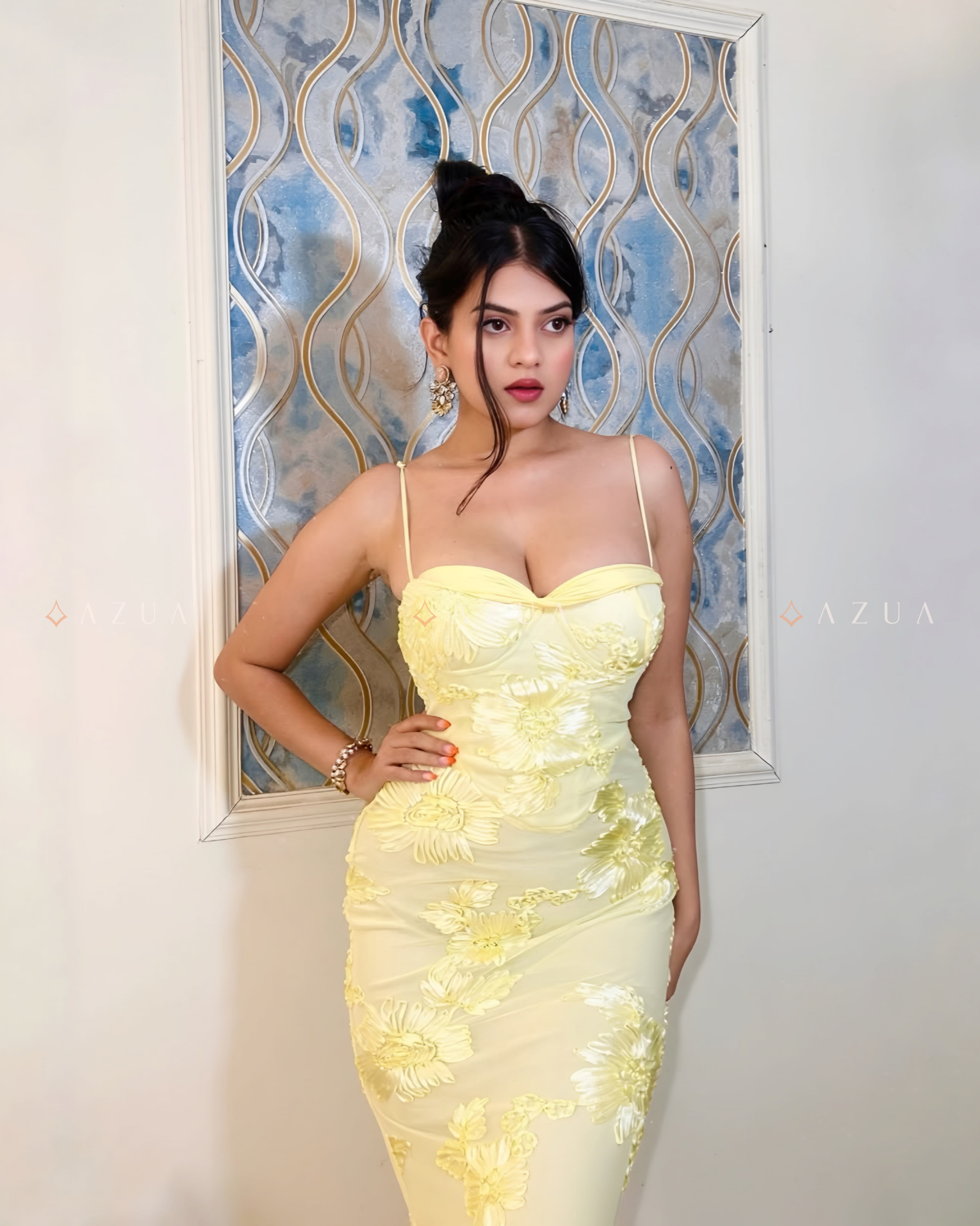 Floral Embroidered Party Gown- Yellow