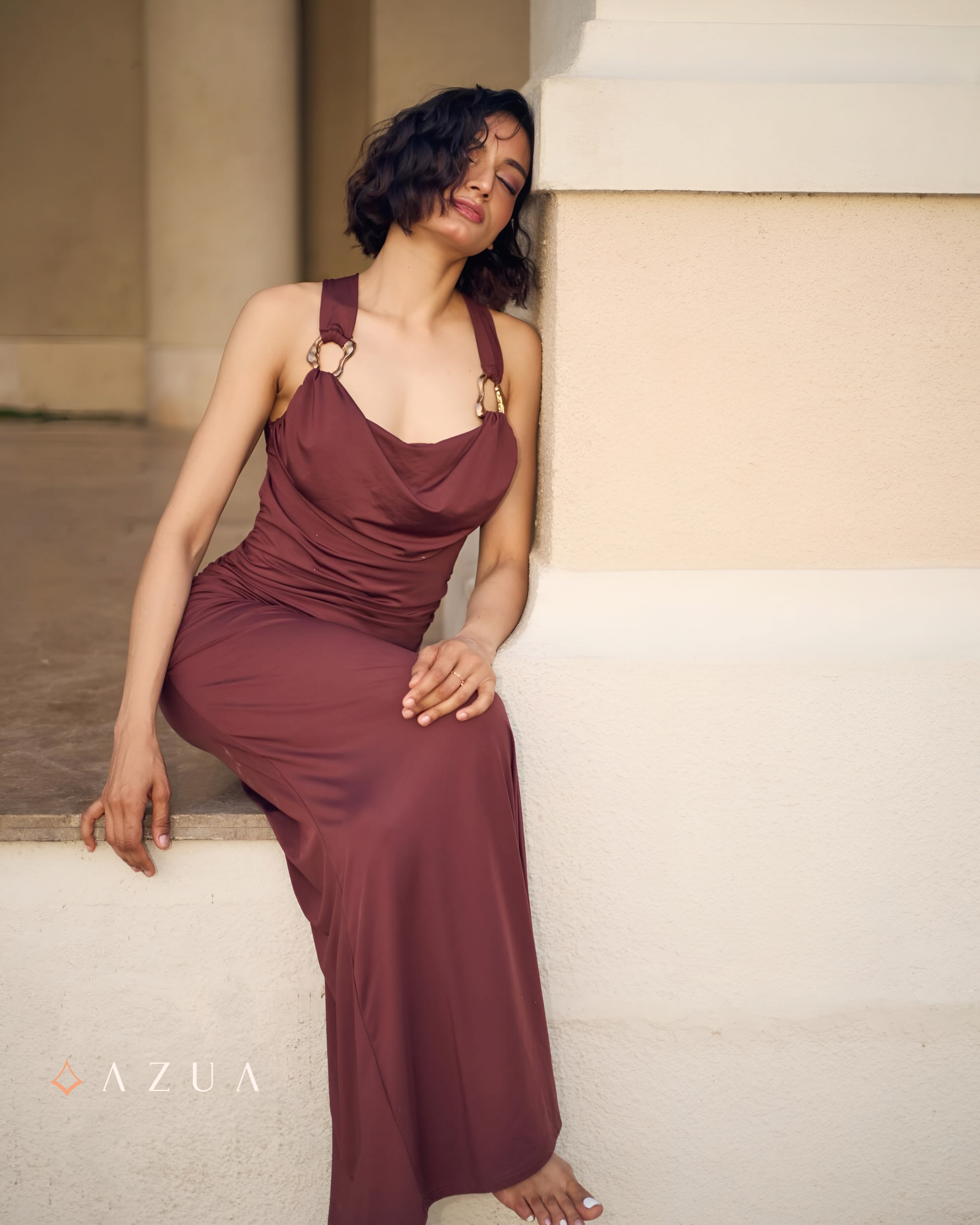 Long Draped Ring Dress - Brown_img_2