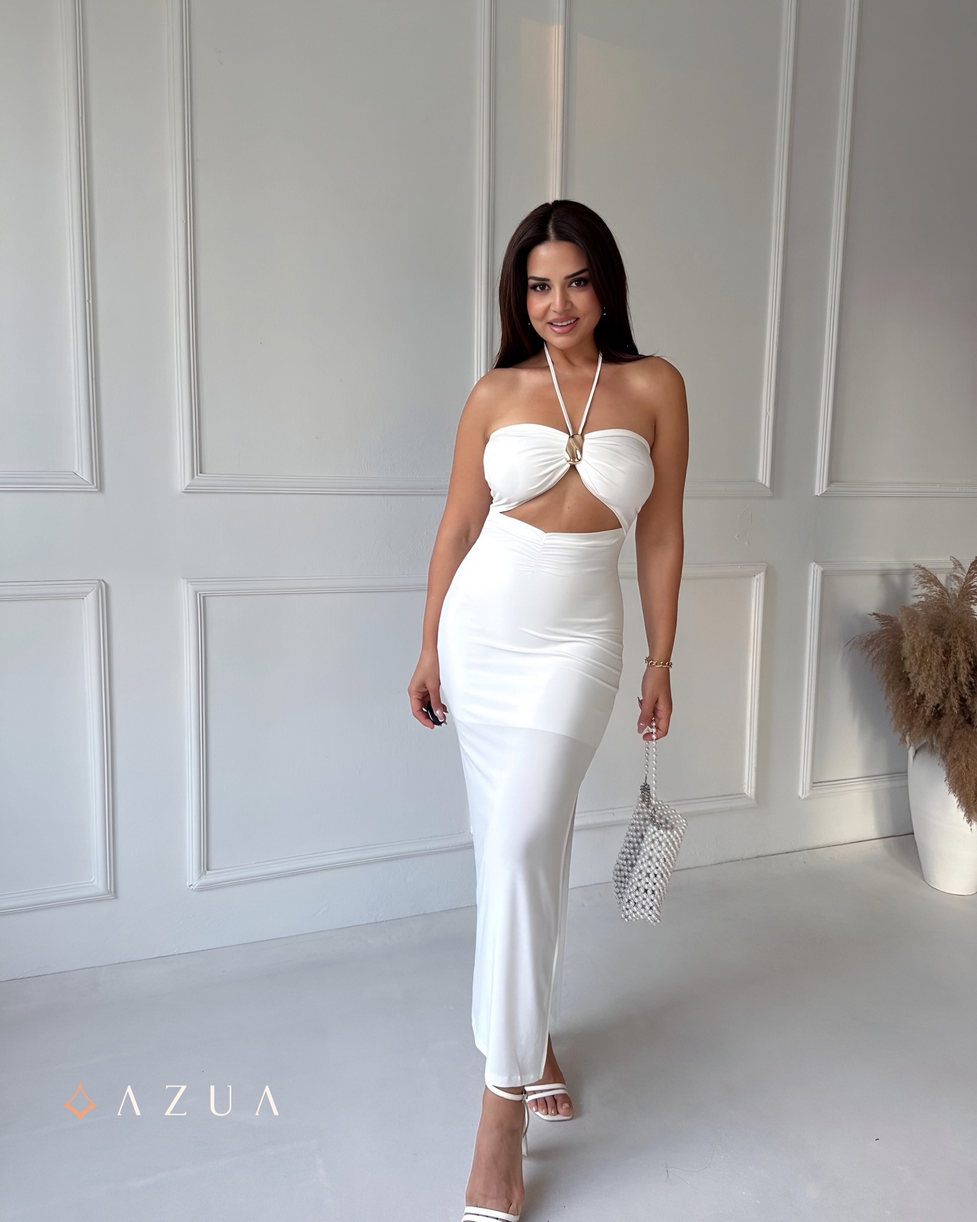 White Halter Neck Long Dress_img_0