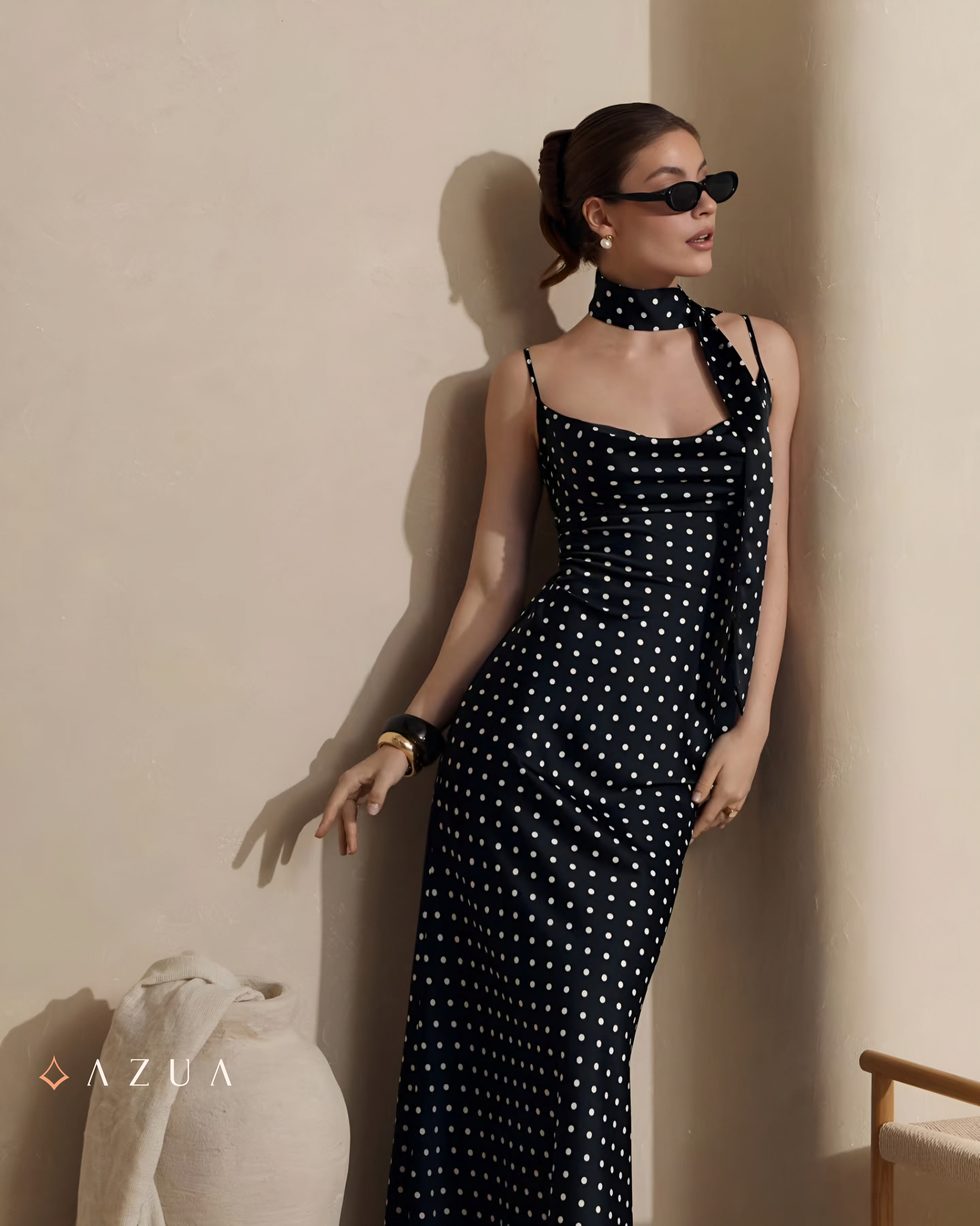 Polka Dot Maxi Dress with Ribbon Scarf