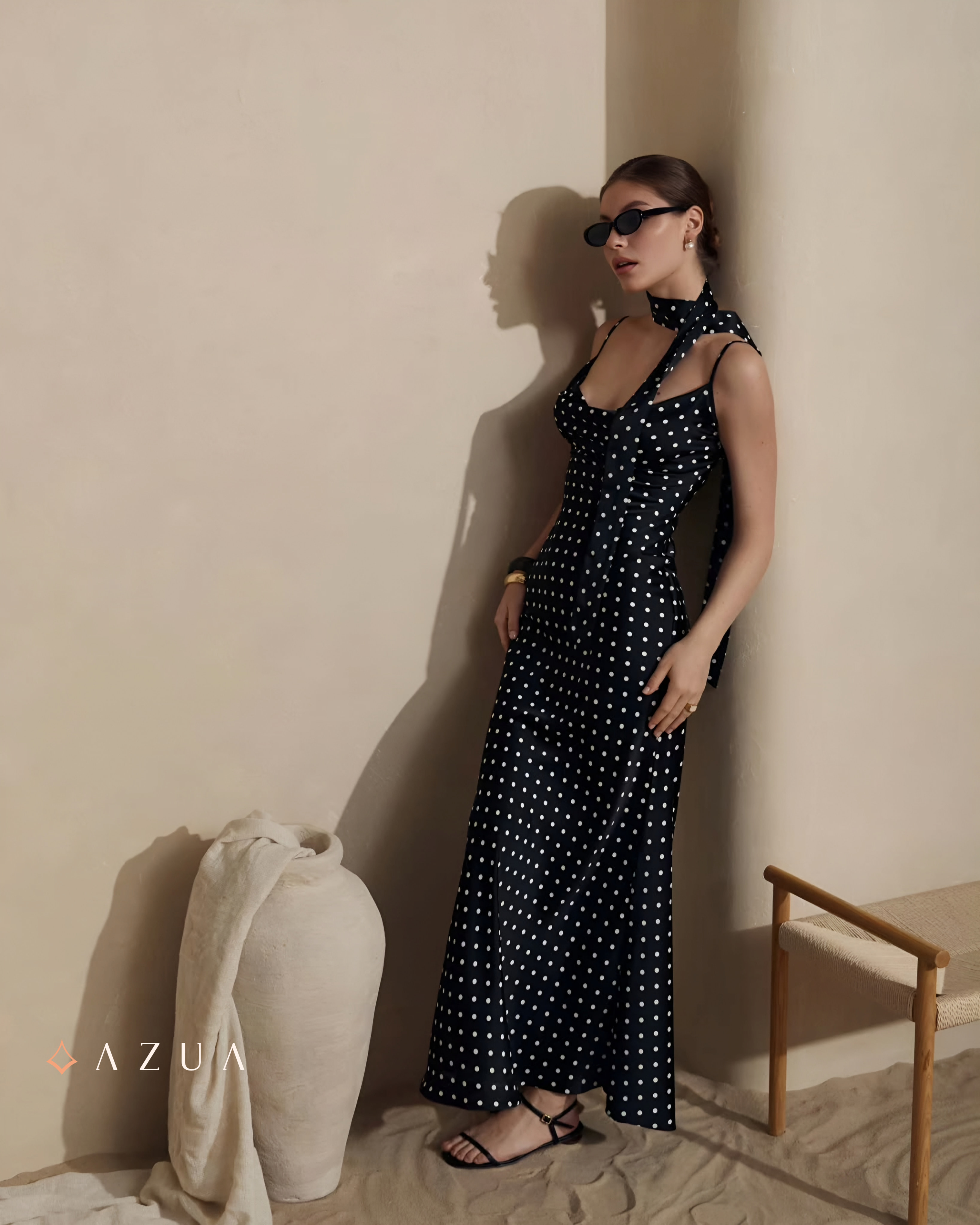 Polka Dot Maxi Dress with Ribbon Scarf_img_2