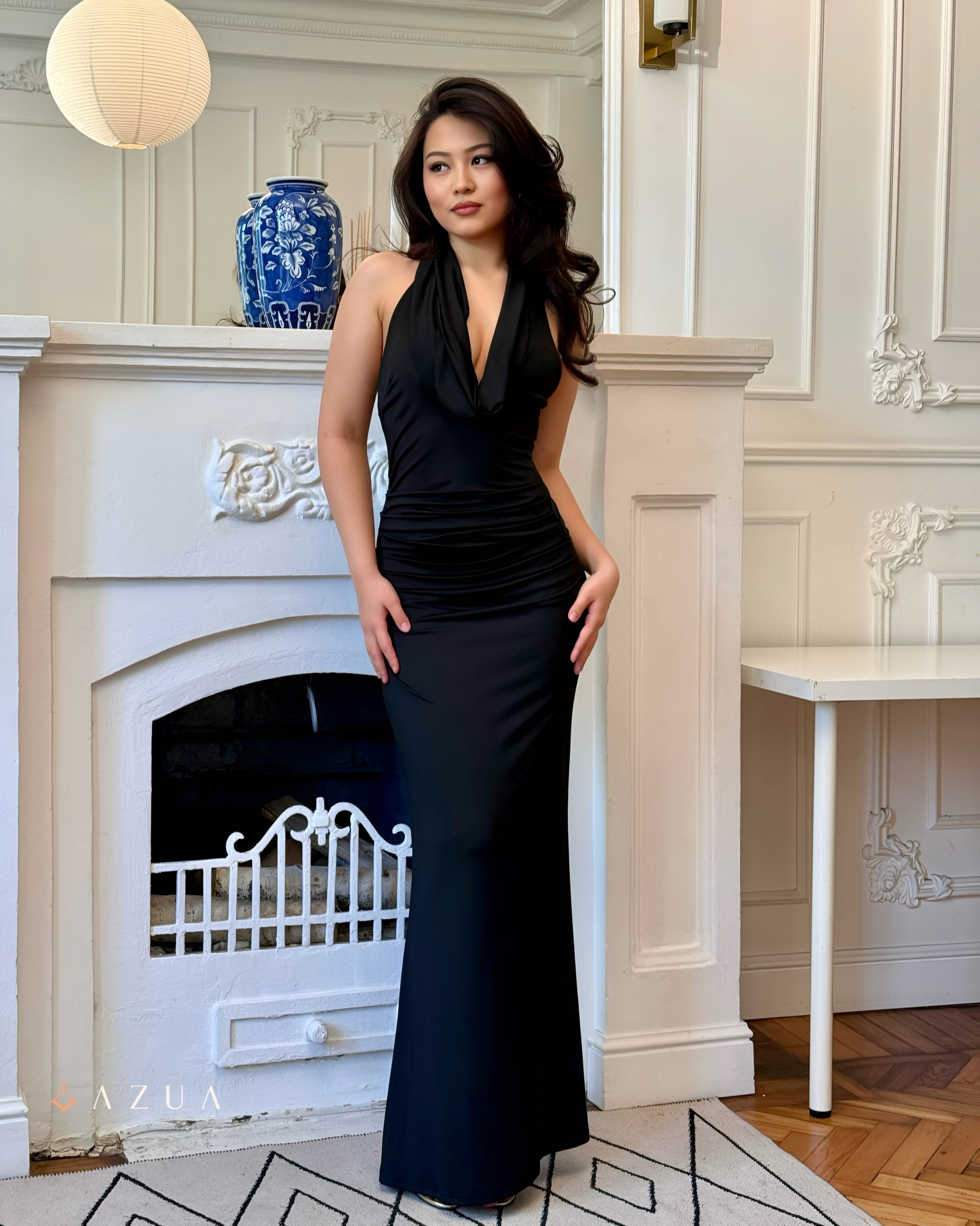 Cowl Neck Sleeveless Ruched Knit Dress_img_0