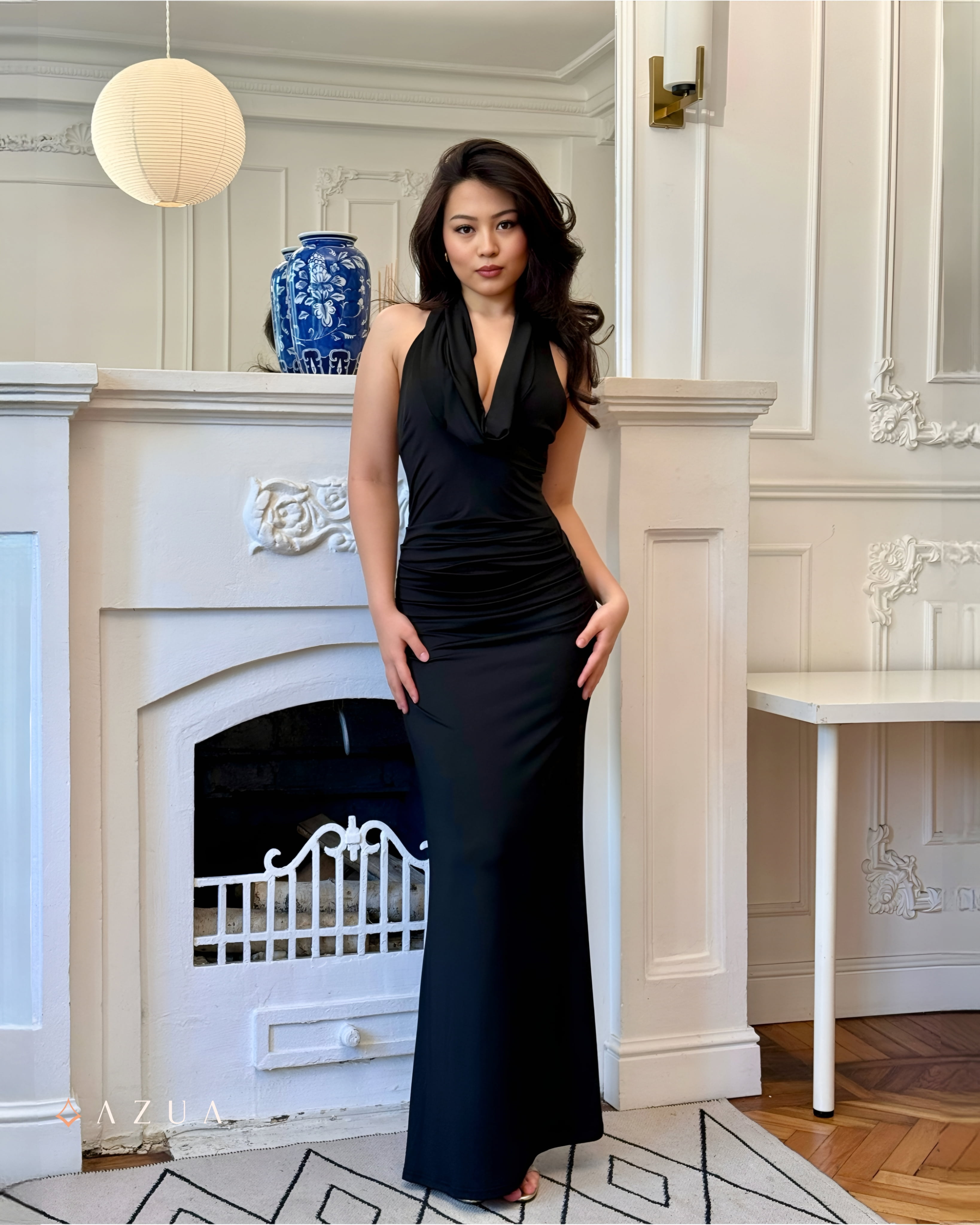 Cowl Neck Sleeveless Ruched Knit Dress_img_2