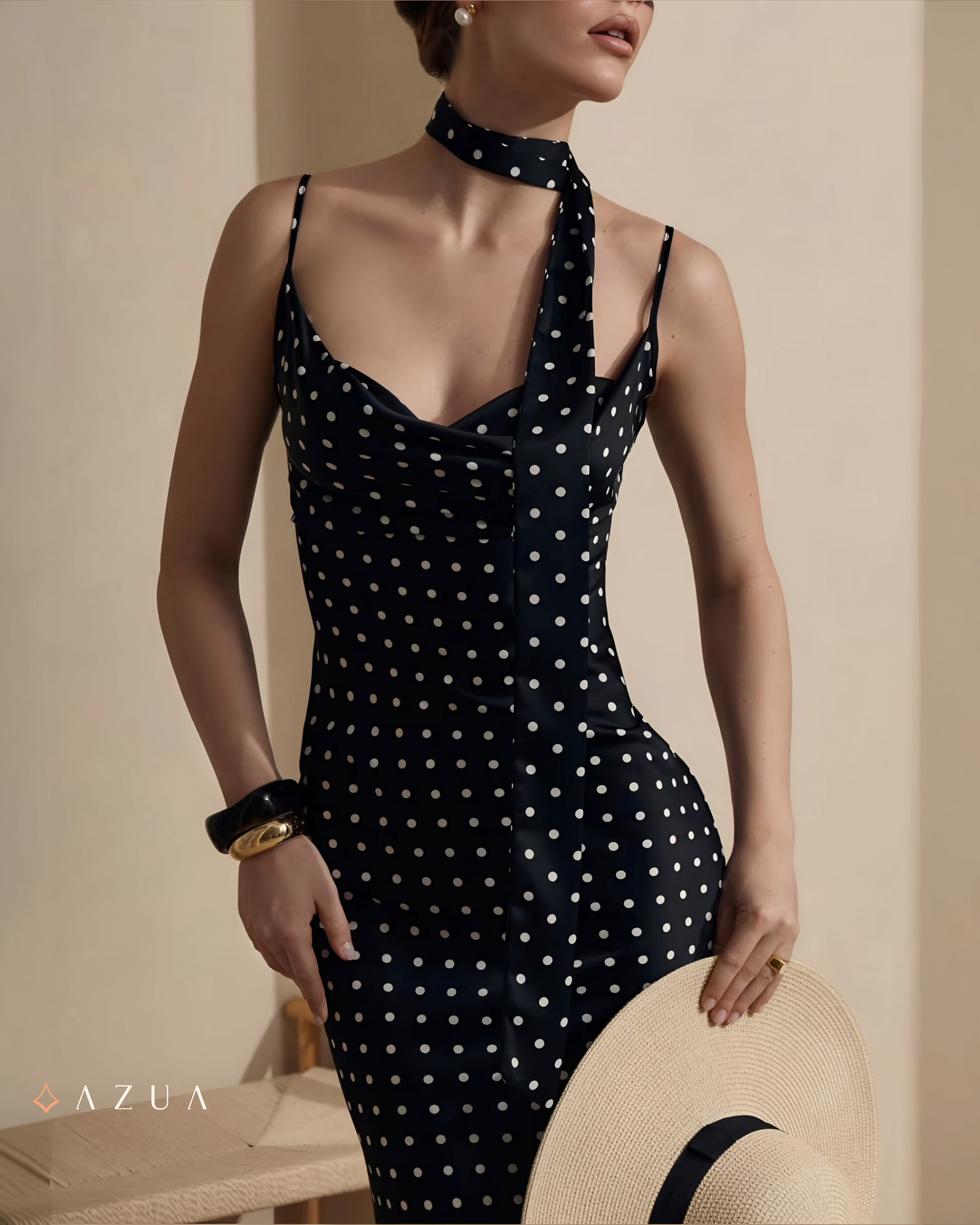 Polka Dot Maxi Dress with Ribbon Scarf_img_4