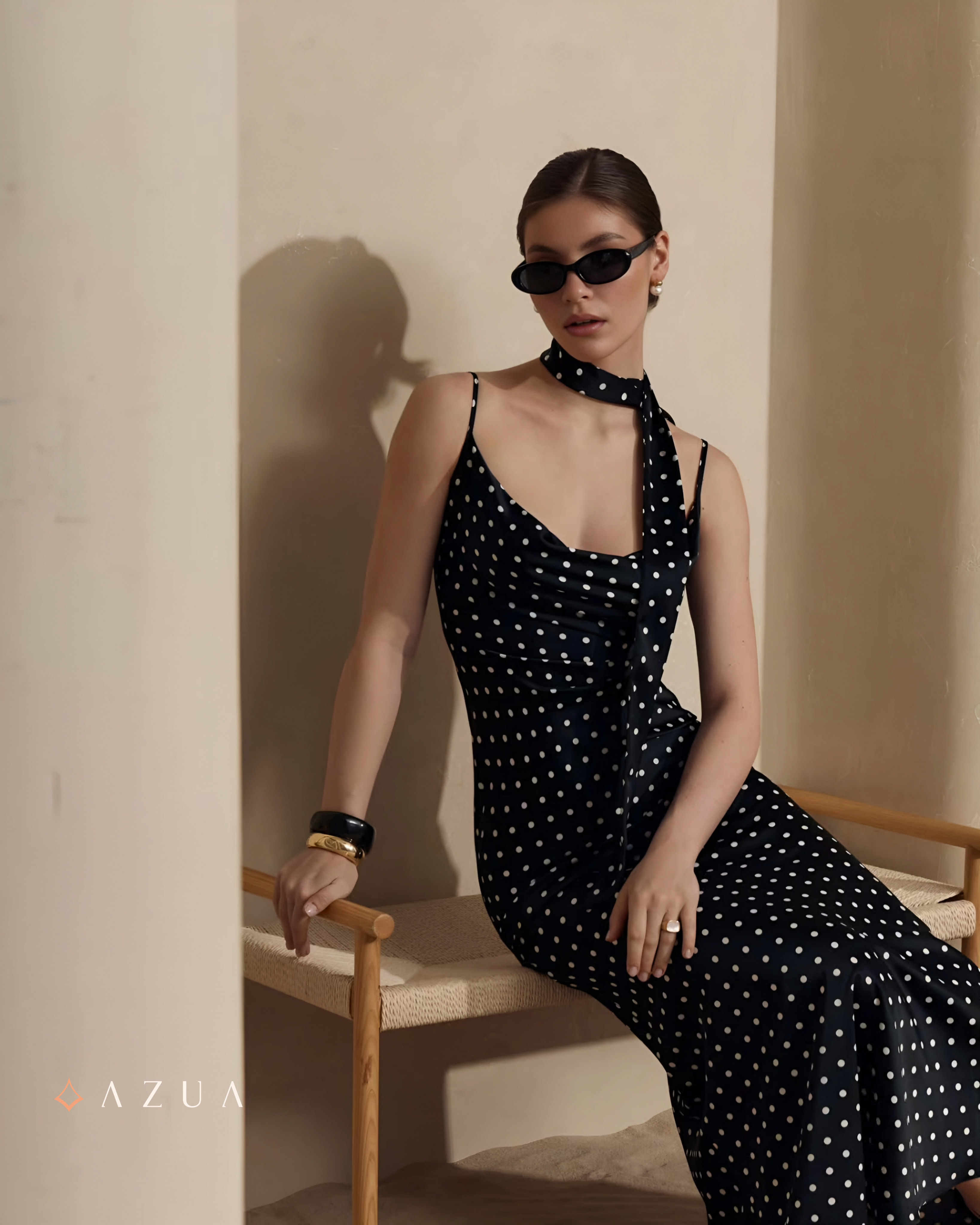 Polka Dot Maxi Dress with Ribbon Scarf_img_1