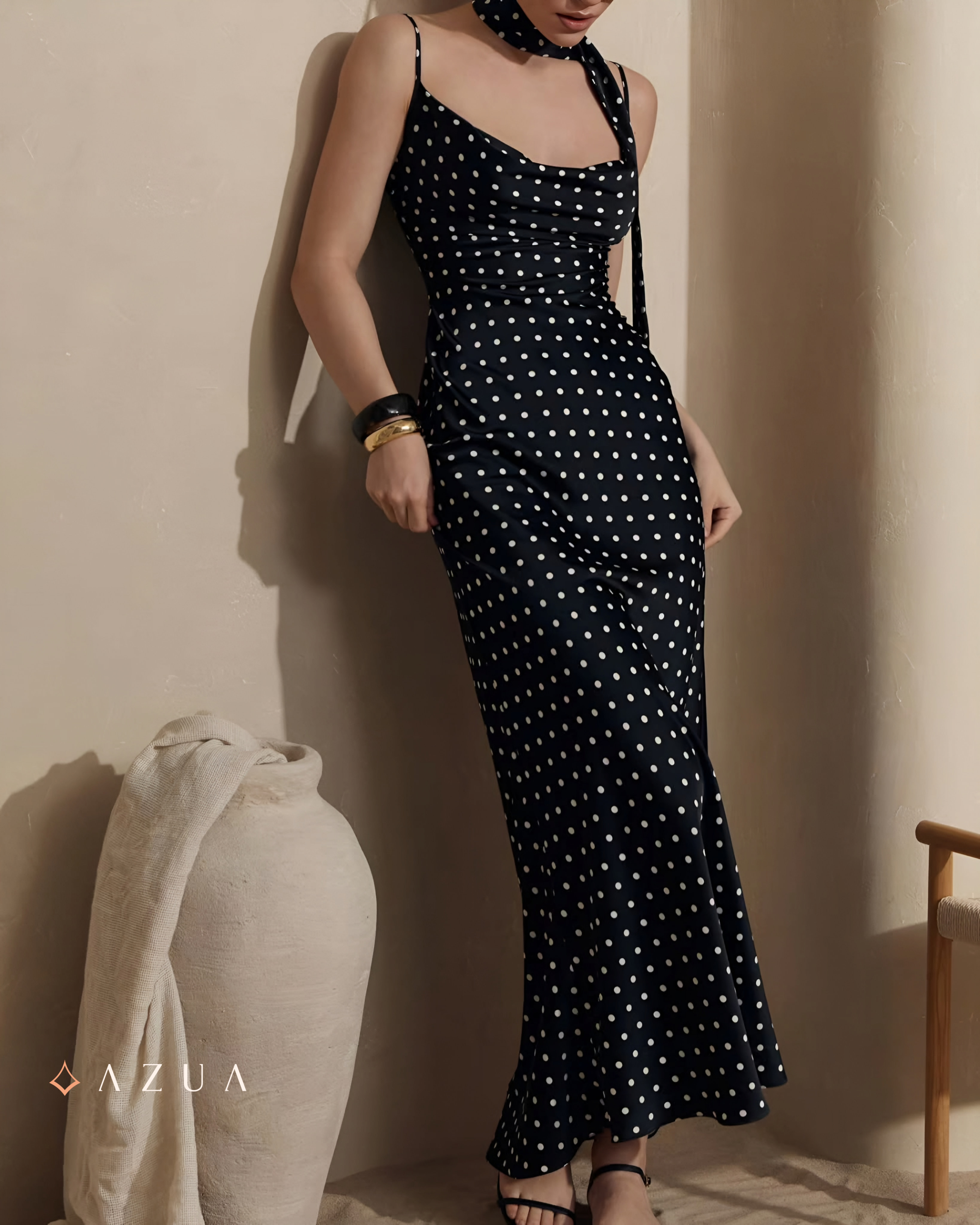 Polka Dot Maxi Dress with Ribbon Scarf_img_5