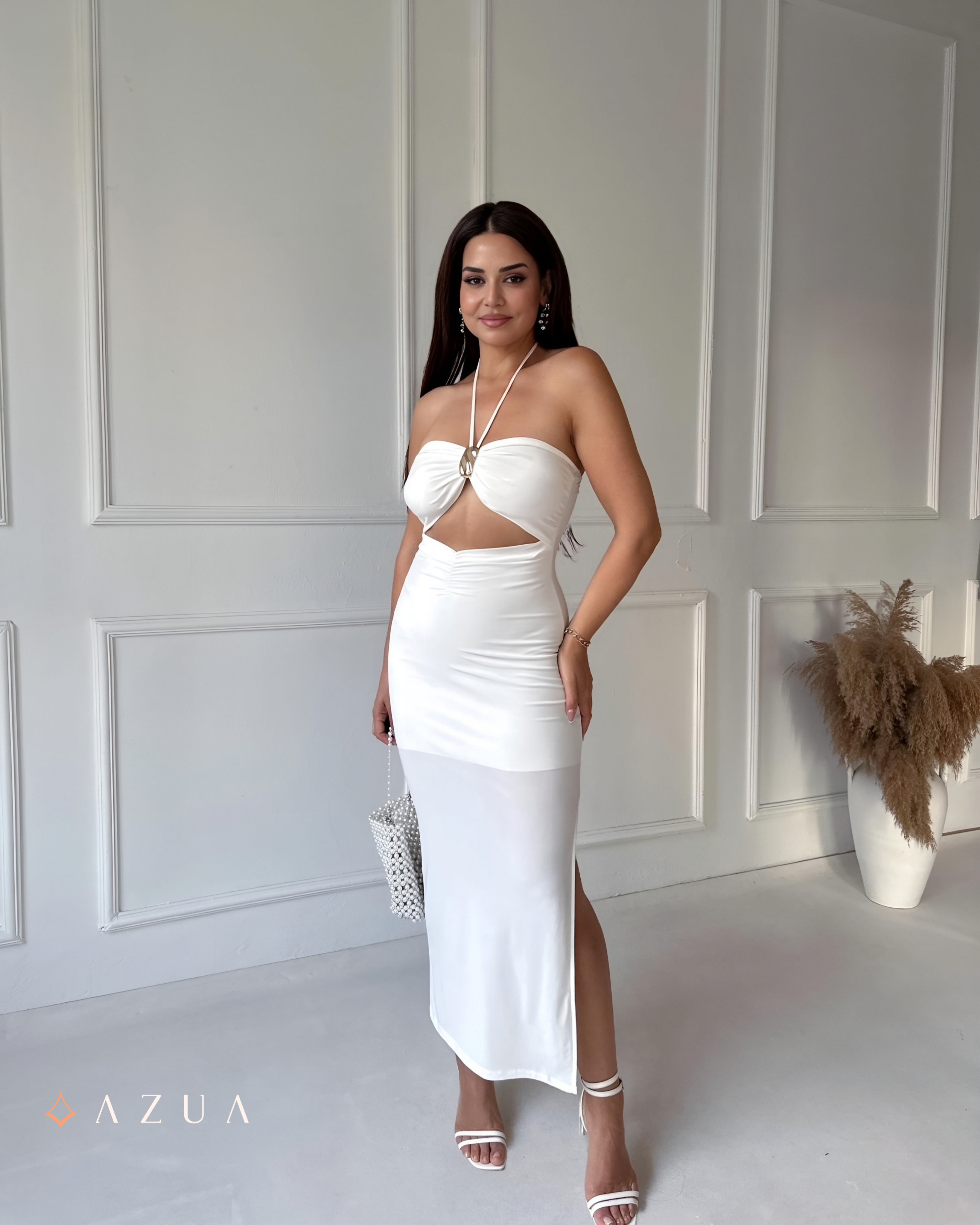 White Halter Neck Long Dress_img_1