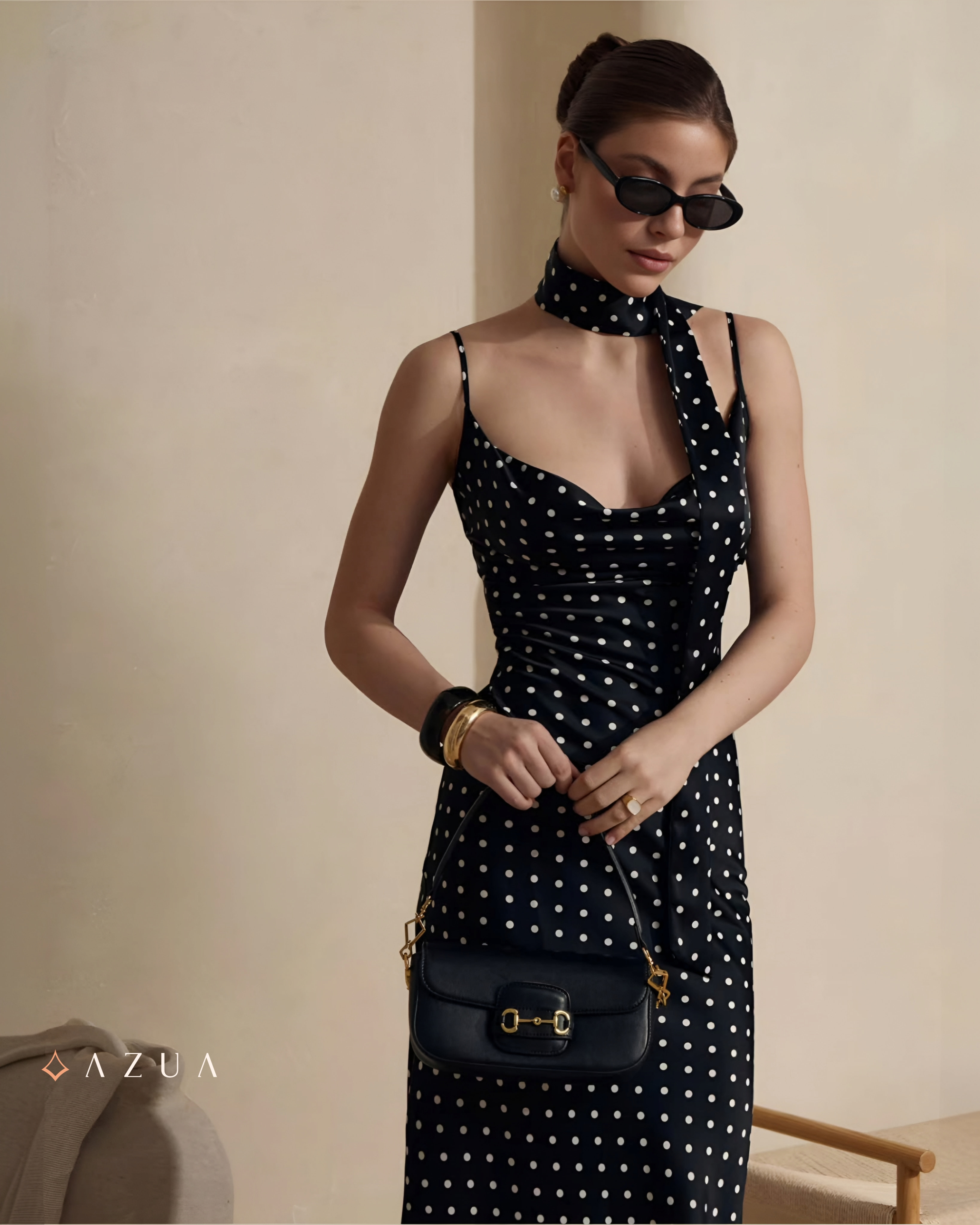 Polka Dot Maxi Dress with Ribbon Scarf_img_3