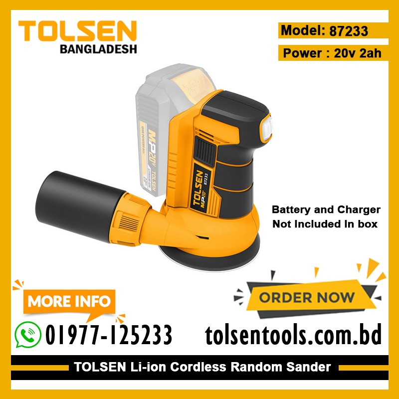 TOLSEN 87233 20V Li-ion Cordless Random Orbit Sander (Battery and Charger Not Included) Model 87233_img_1