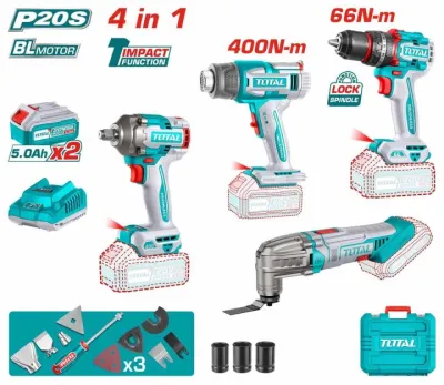 TOTAL TOSLI240969 Li-ion 4 Pcs Combo Kit | Brushless Impact Wrench, Impact Drill, Heat Gun & Multi-Tool | 2 × 5.0Ah Batteries | Model: TOSLI240969_img_0