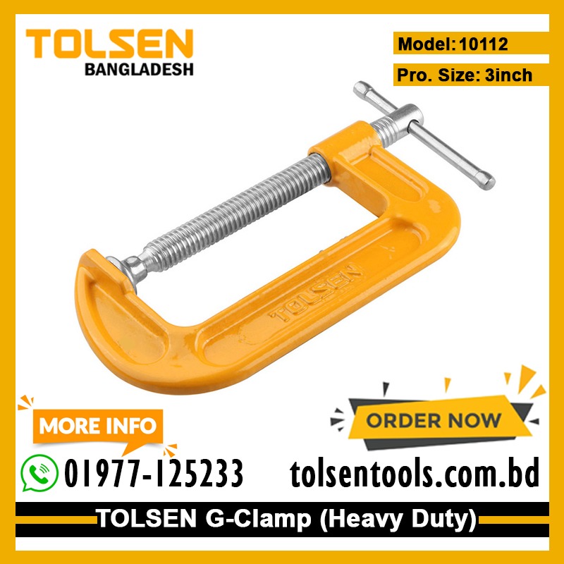 TOLSEN 10112 G-Clamp, 3" (75mm), Yellow Powder Coated Bar, Zinc Plated Thread Bar | Model: 10112_img_2