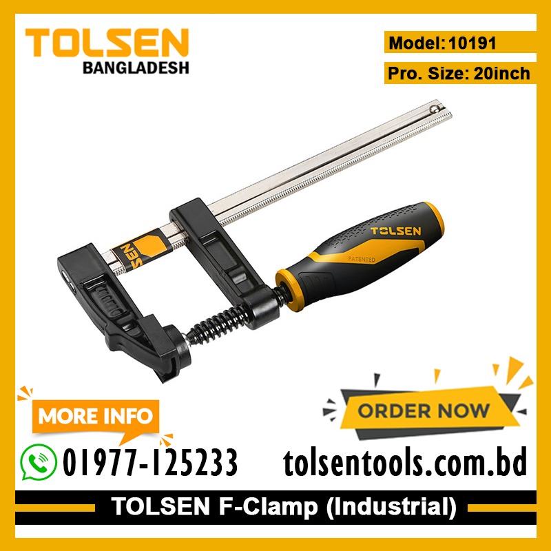 TOLSEN 10191 F-Clamp, 20" (500mm), Nickel Plated Bar, Black Finished Thread Bar, Two-Component Handle | Model: 10191_img_1
