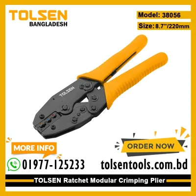 TOLSEN 38056 Ratchet Crimping Pliers | 8.7" (220mm) | For Insulated Terminals DIN 0.5-6mm² / AWG 22-10 | Carbon Steel | PVC Grips | Model: 38056_img_1