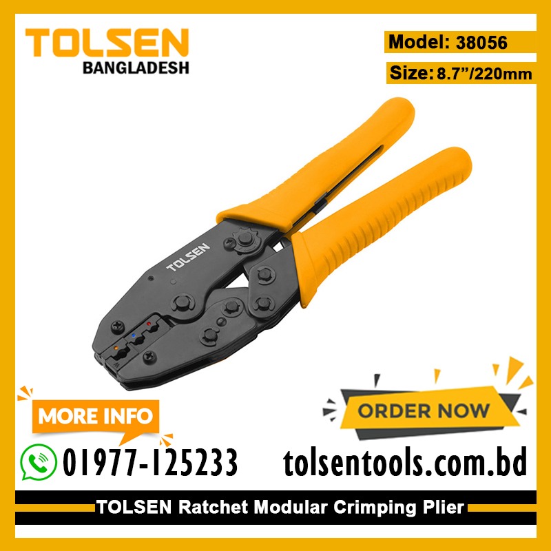 TOLSEN 38056 Ratchet Crimping Pliers | 8.7" (220mm) | For Insulated Terminals DIN 0.5-6mm² / AWG 22-10 | Carbon Steel | PVC Grips | Model: 38056_img_1