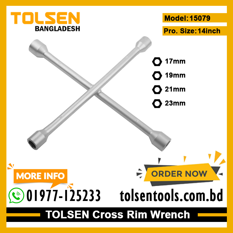 TOLSEN 15079 14" Cross Rim Wrench | 4-Way Lug Wrench | Sizes 17-19-21-23mm | Tire Repair Tool | Model: 15079_img_1