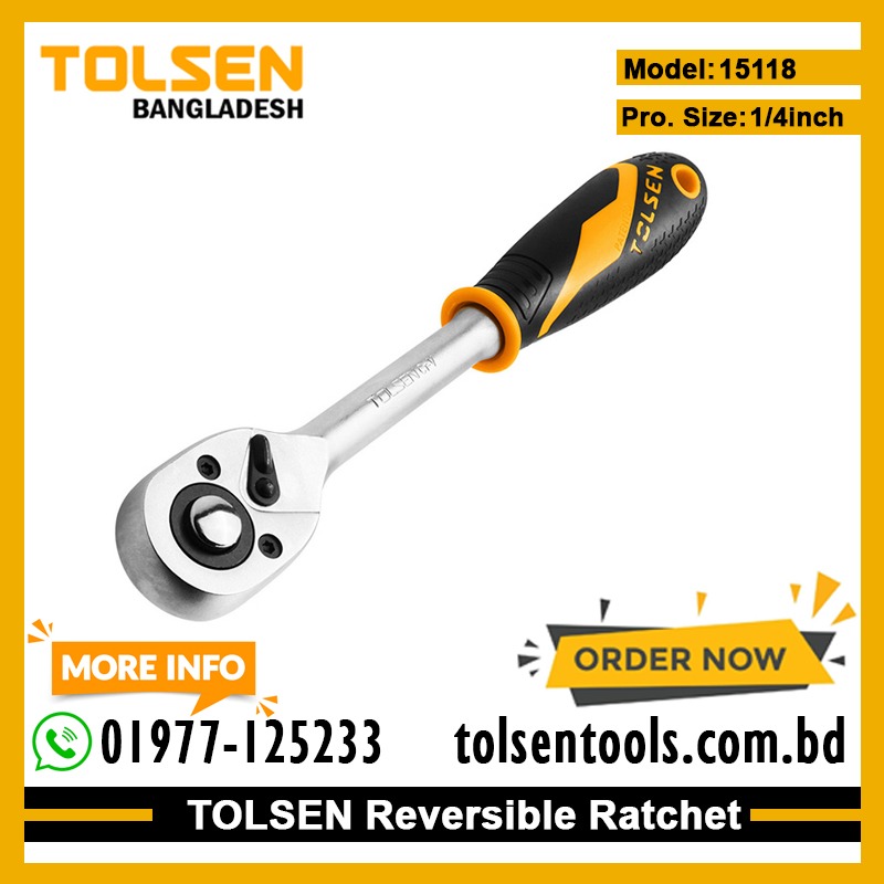 TOLSEN 15118 Ratchet Wrench | 1/4" Square Drive | Quick Release | Reversible | 72-Tooth | CrMo & CrV | Satin Finish | Model: 15118_img_1