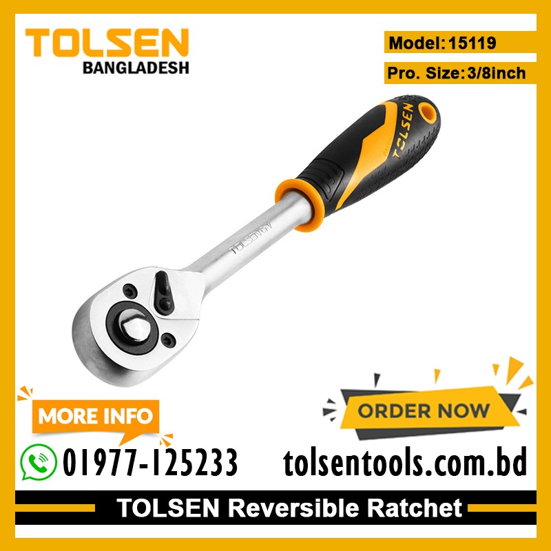 TOLSEN 15119 Ratchet Wrench | 3/8" Square Drive | Quick Release | Reversible | 72-Tooth | CrMo & CrV | Satin Finish | Industrial Series | Model: 15119_img_1