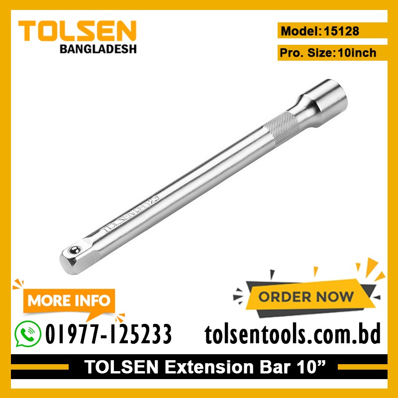 TOLSEN 15128 Ratchet Extension Bar, 10" (250mm), 1/2" Drive, Cr-V Steel, Satin Finish | Model: 15128_img_1