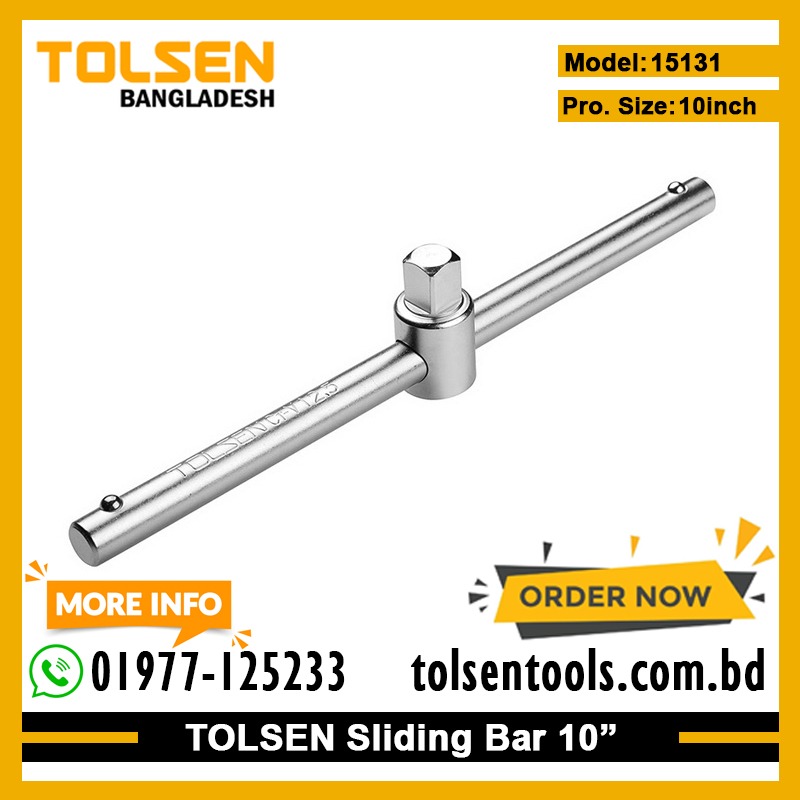 TOLSEN 15131 Sliding Bar, 10" (250mm), 1/2" Drive, CrV Steel, Satin Finish, Industrial Series | Model: 15131_img_1