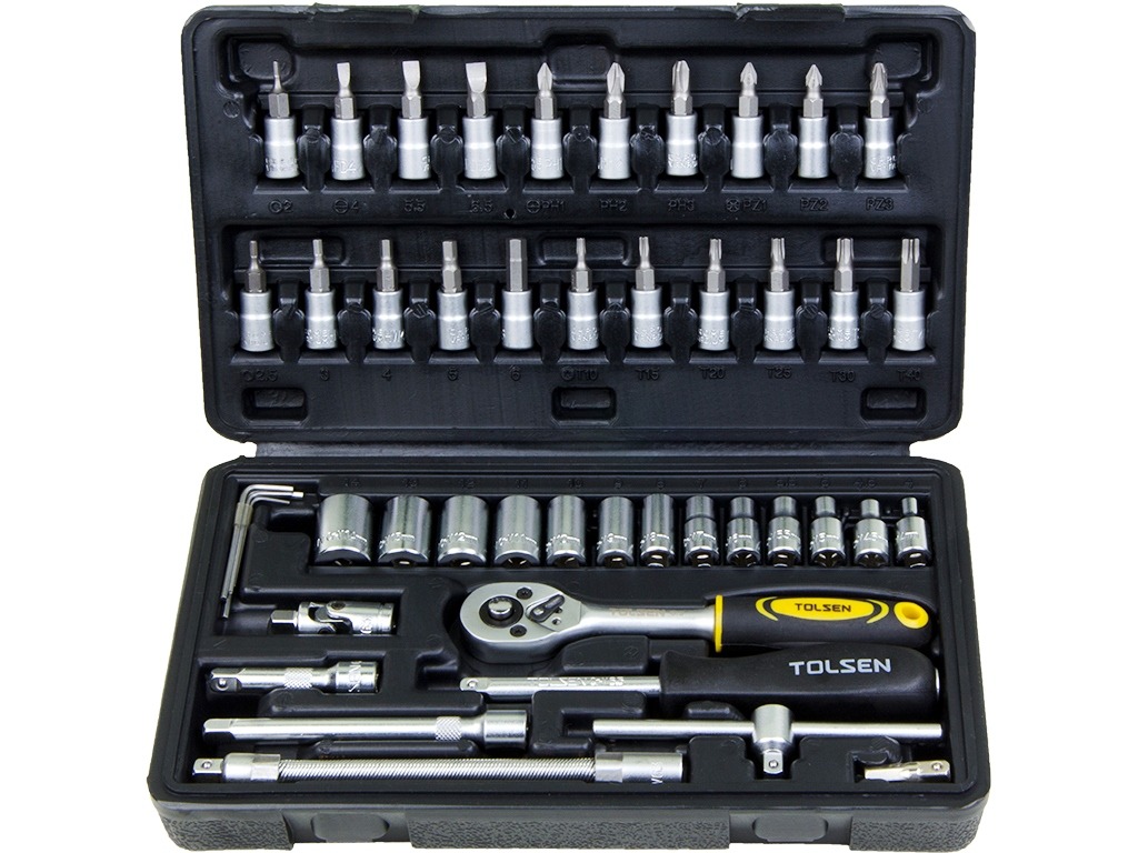 TOLSEN 15138 46Pcs 1/4" Socket Set | 72-Tooth Ratchet | Cr-V Sockets | S2 Bits | Blow Mold Case | Industrial Series | Model: 15138_img_2