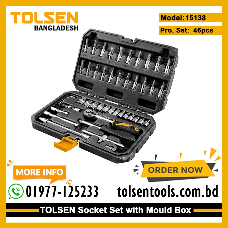TOLSEN 15138 46Pcs 1/4" Socket Set | 72-Tooth Ratchet | Cr-V Sockets | S2 Bits | Blow Mold Case | Industrial Series | Model: 15138_img_1