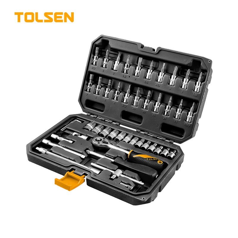 TOLSEN 15138 46Pcs 1/4" Socket Set | 72-Tooth Ratchet | Cr-V Sockets | S2 Bits | Blow Mold Case | Industrial Series | Model: 15138_img_0
