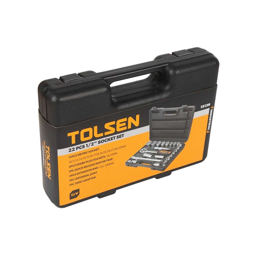 TOLSEN 15139 22Pcs 1/2" Socket Set, 15 Metric Sockets (10-32mm), 2 Spark Plug Sockets, Quick Release Ratchet, Extension Bars, Universal Joint, 3-Way Adaptor, Blow Mold Case, Industrial Series | Model: 15139_img_1