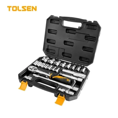 TOLSEN 15139 22Pcs 1/2" Socket Set, 15 Metric Sockets (10-32mm), 2 Spark Plug Sockets, Quick Release Ratchet, Extension Bars, Universal Joint, 3-Way Adaptor, Blow Mold Case, Industrial Series | Model: 15139_img_0