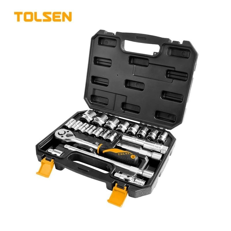 TOLSEN 15139 22Pcs 1/2" Socket Set, 15 Metric Sockets (10-32mm), 2 Spark Plug Sockets, Quick Release Ratchet, Extension Bars, Universal Joint, 3-Way Adaptor, Blow Mold Case, Industrial Series | Model: 15139