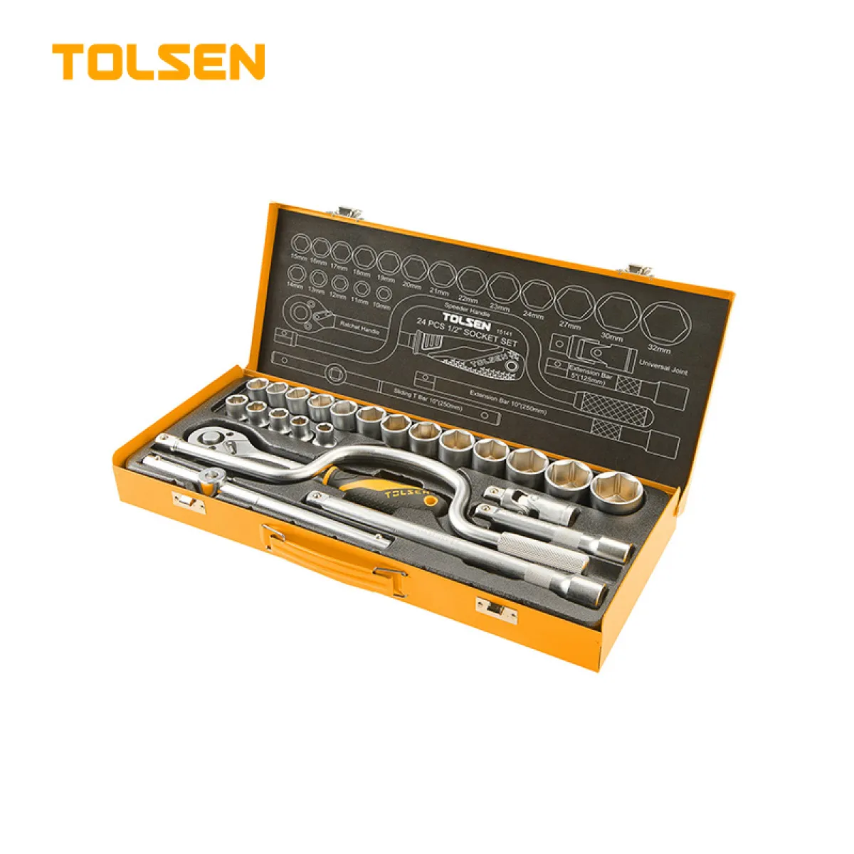 TOLSEN 15141 24Pcs 1/2" Socket Set, Industrial Grade, Cr-V Steel, Steel Case | Model: 15141
