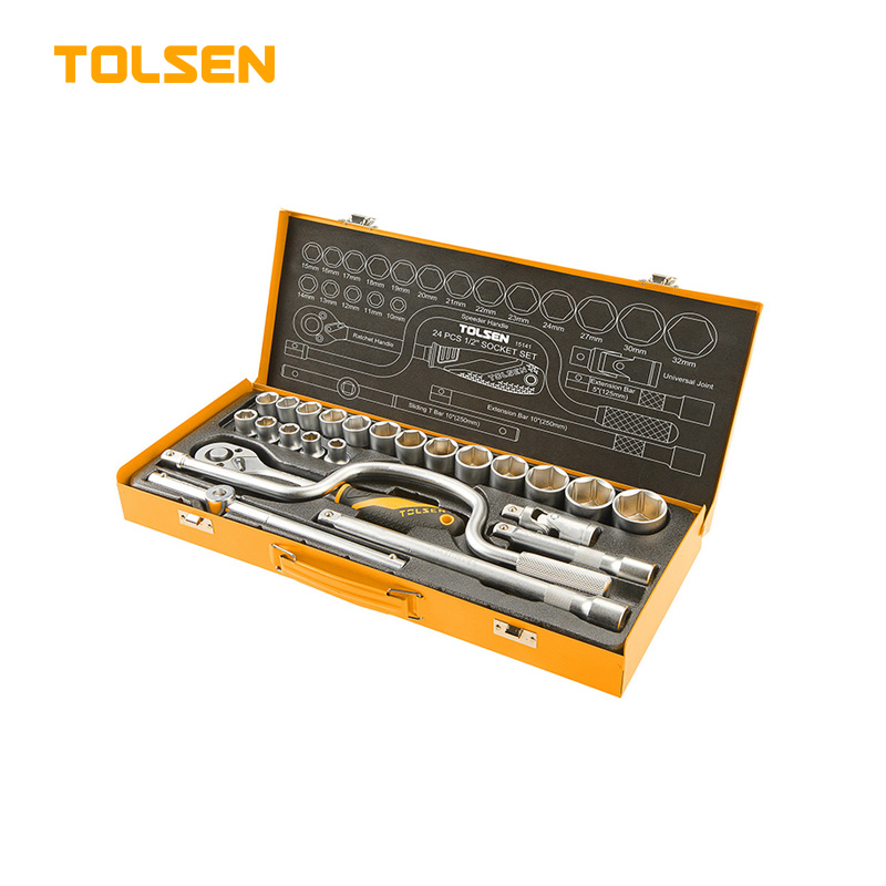 TOLSEN 15141 24Pcs 1/2" Socket Set, Industrial Grade, Cr-V Steel, Steel Case | Model: 15141