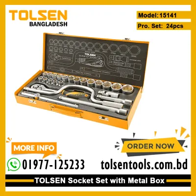 TOLSEN 15141 24Pcs 1/2" Socket Set, Industrial Grade, Cr-V Steel, Steel Case | Model: 15141_img_1