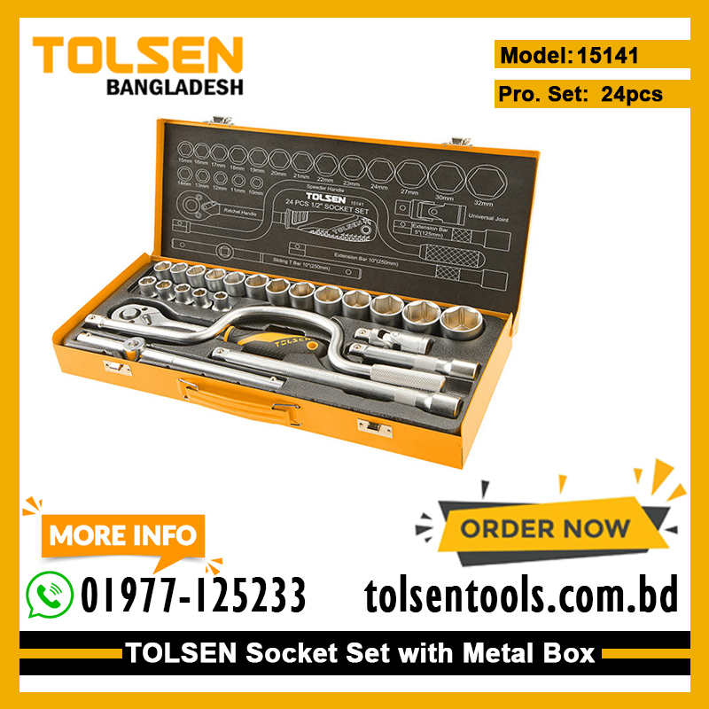 TOLSEN 15141 24Pcs 1/2" Socket Set, Industrial Grade, Cr-V Steel, Steel Case | Model: 15141_img_1