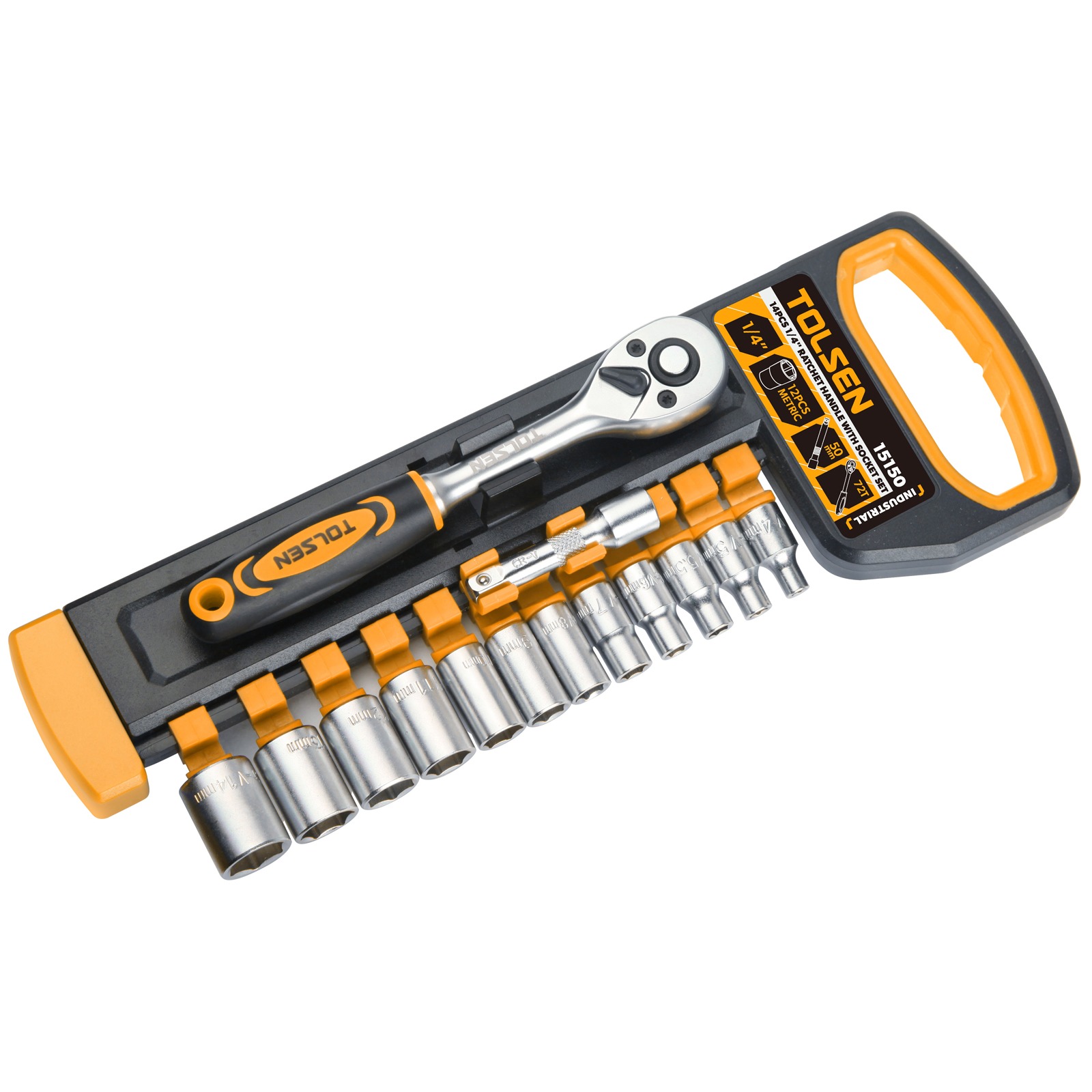 TOLSEN 15150 14 Pcs 1/4" Ratchet Handle with Socket Set | 72-Tooth | CrV Steel | Quick Release | Industrial Series | Model: 15150_img_4
