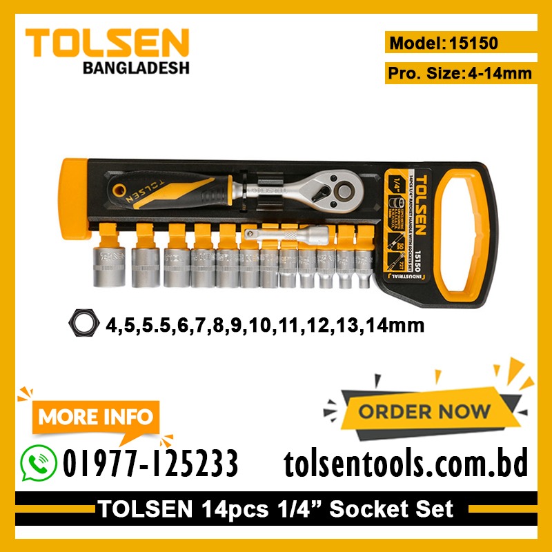 TOLSEN 15150 14 Pcs 1/4" Ratchet Handle with Socket Set | 72-Tooth | CrV Steel | Quick Release | Industrial Series | Model: 15150_img_1