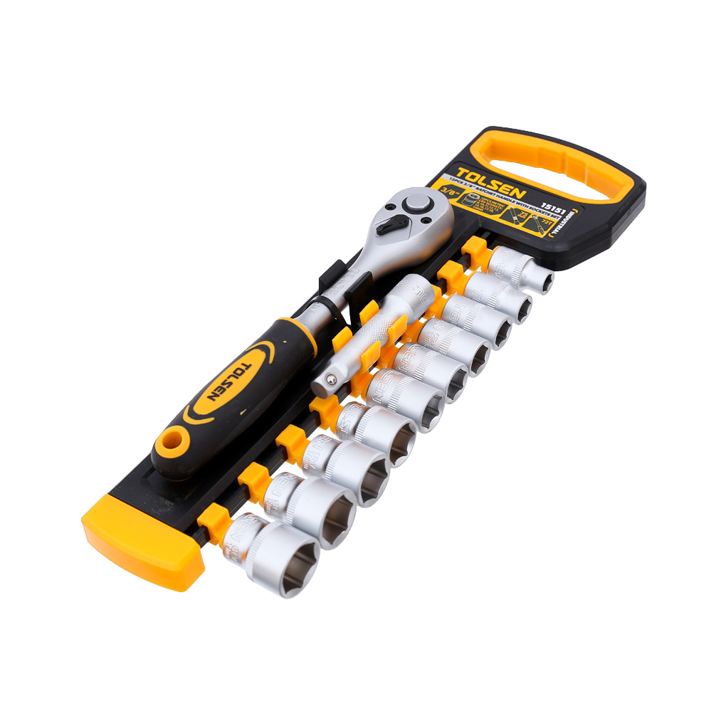 TOLSEN 15151 12Pcs 3/8" Drive Ratchet Handle with Socket Set, Quick Release, 72-Tooth, CrV Steel, Industrial Series; Model: 15151_img_1
