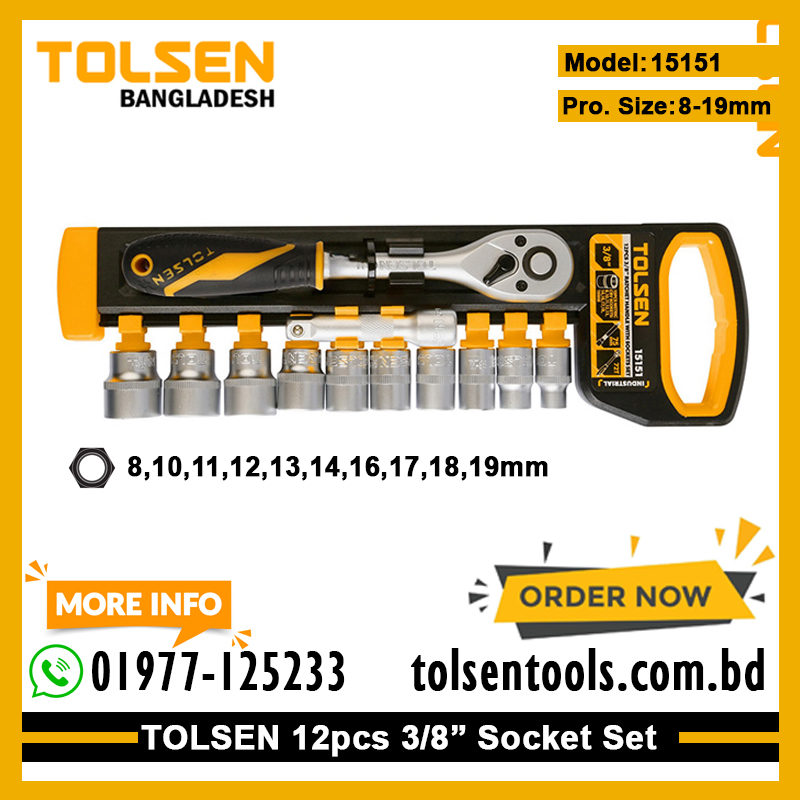 TOLSEN 15151 12Pcs 3/8" Drive Ratchet Handle with Socket Set, Quick Release, 72-Tooth, CrV Steel, Industrial Series; Model: 15151_img_2