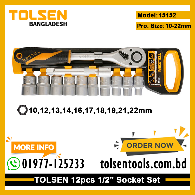 TOLSEN 15152 12Pcs 1/2" Drive Ratchet Handle with Socket Set | Quick Release | 72-Tooth | CrV Steel | Industrial Series | Model: 15152_img_1