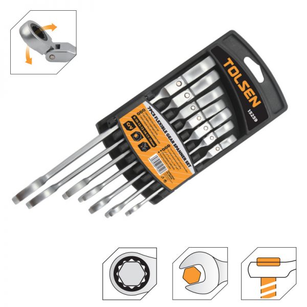 TOLSEN 15259 7Pcs Flexible Head Combination Ratchet Spanner Set | Chrome Plated | Satin Finish | Sizes 8–19mm | Model: 15259_img_2