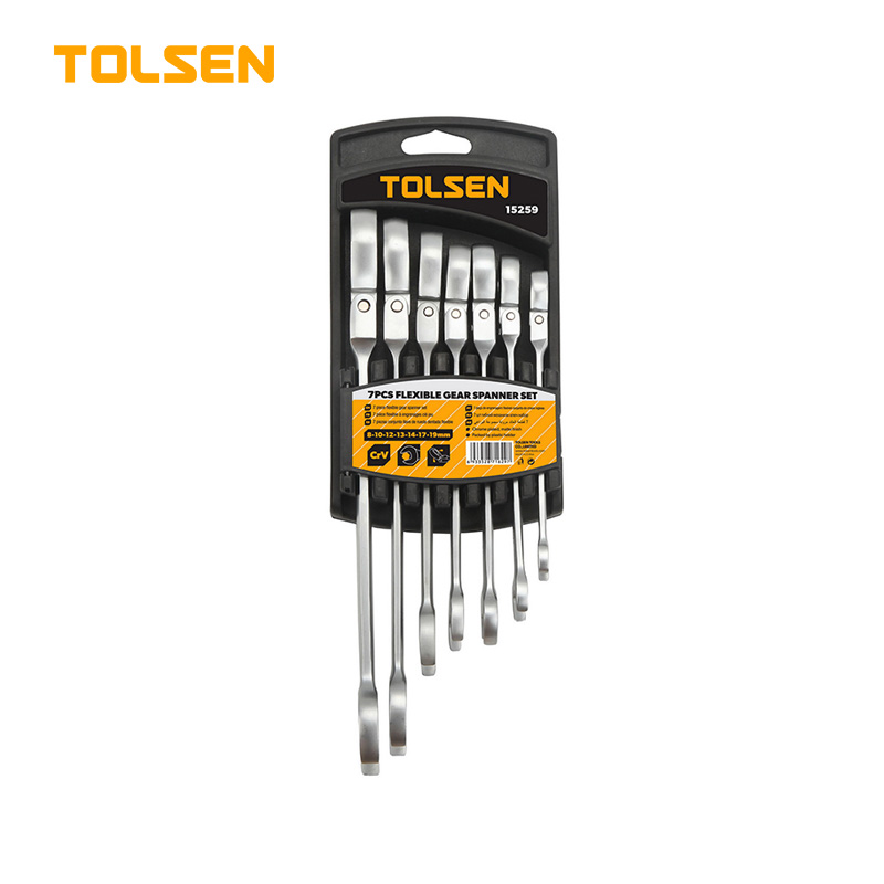 TOLSEN 15259 7Pcs Flexible Head Combination Ratchet Spanner Set | Chrome Plated | Satin Finish | Sizes 8–19mm | Model: 15259