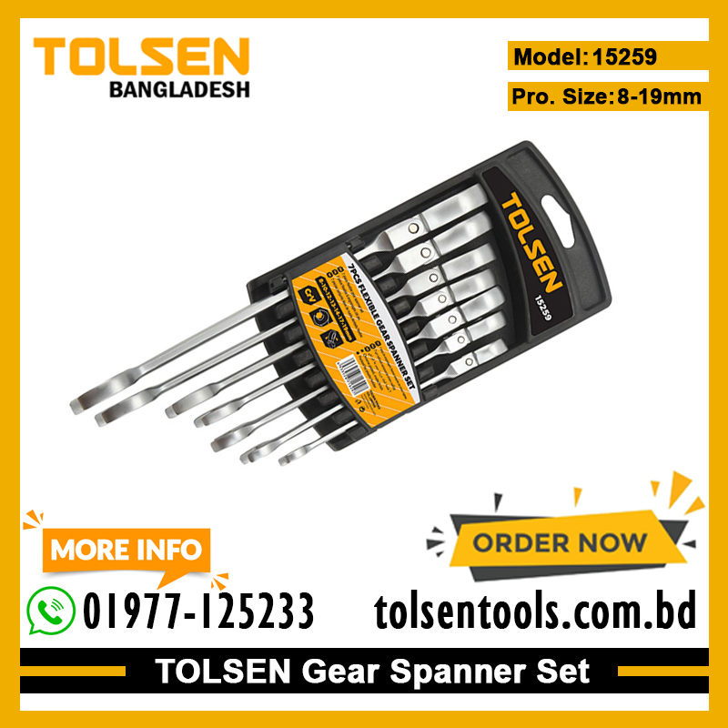 TOLSEN 15259 7Pcs Flexible Head Combination Ratchet Spanner Set | Chrome Plated | Satin Finish | Sizes 8–19mm | Model: 15259_img_1