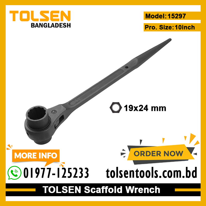 TOLSEN 15297 Scaffold Wrench, 19x24mm, Special Tool Steel, CrV 12-Point Socket, Black Finish | Model: 15297