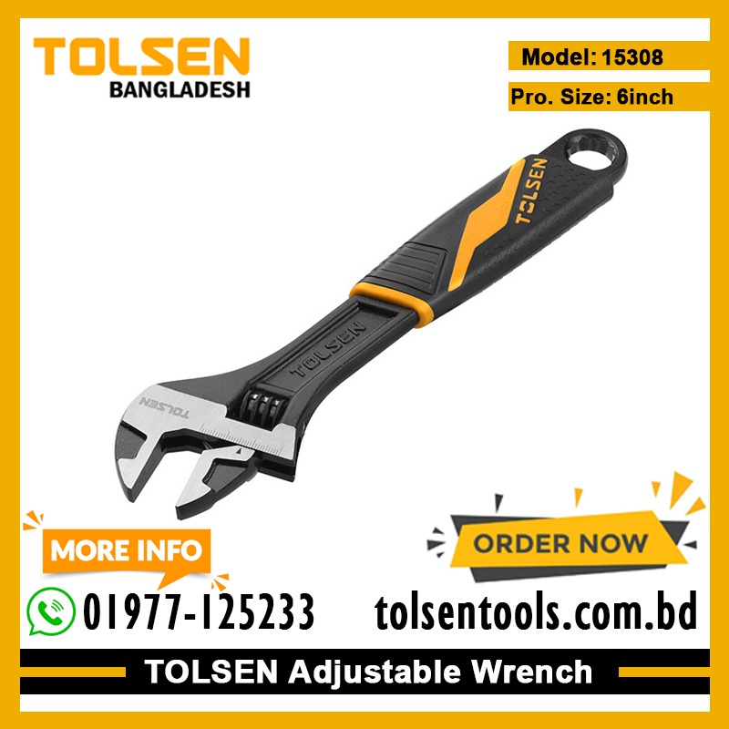 TOLSEN 15308 Adjustable Wrench, 6" (150mm), Black Finished & Polished, Two-Component Plastic Handle, Max Opening 19mm | Model: 15308_img_1