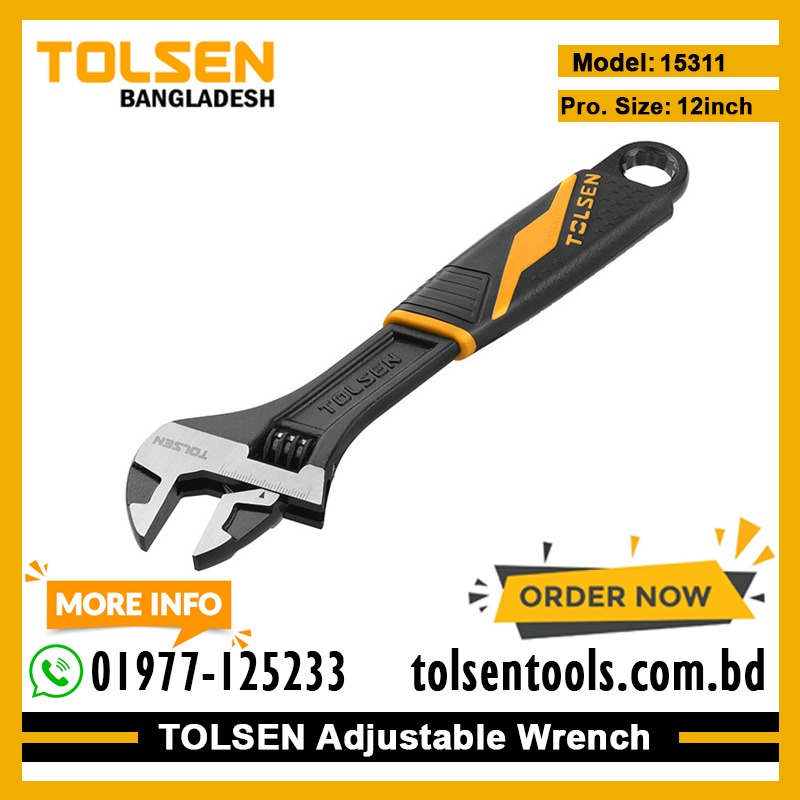 TOLSEN 15311 Adjustable Wrench, 12" (300mm), Industrial GRIPro Series, Black Finished & Polished, Two-Component Plastic Handle, Max Opening 35mm | Model: 15311_img_1