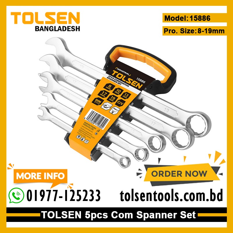 TOLSEN 15886 5Pcs Combination Spanner Set, Sizes 8,10,13,17,19mm, Chrome Plated, Matt Finish | DIN3113 |  | Model: 15886_img_1