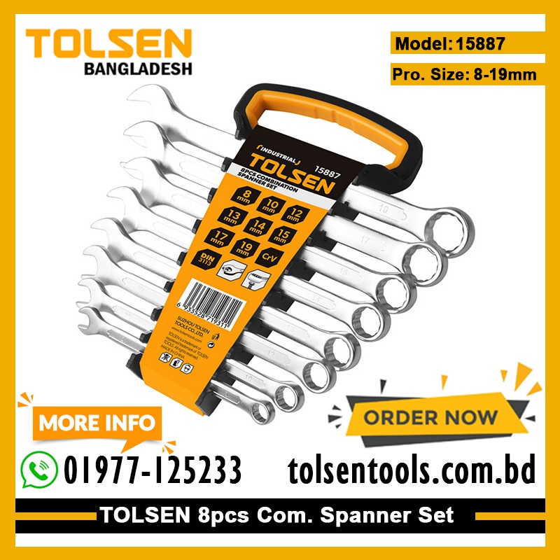 TOLSEN 15887 8Pcs Combination Spanner Set | Chrome Plated | Matt Finish | DIN3113 | Sizes 8-19mm | Model: 15887_img_1