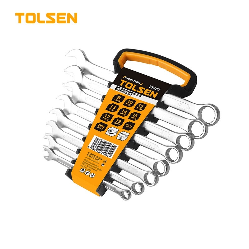 TOLSEN 15887 8Pcs Combination Spanner Set | Chrome Plated | Matt Finish | DIN3113 | Sizes 8-19mm | Model: 15887