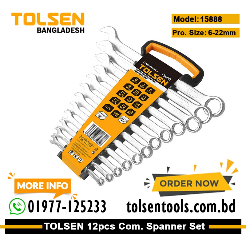 TOLSEN 15888 12Pcs Combination Spanner Set | Chrome Plated | Matt Finish | DIN3113 | Sizes 6-22mm | Model: 15888_img_1