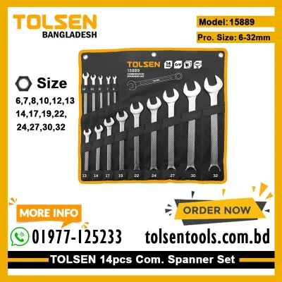 TOLSEN 15889 14Pcs Combination Spanner Set | Chrome Plated | Satin Finish | DIN3113 | Sizes 6-32mm | Model: 15889_img_1